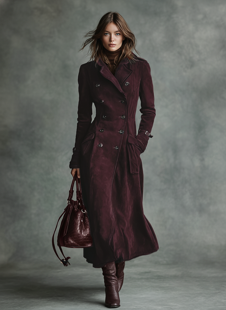 Women's Suede Trim Double-breasted Lapel Long Coat