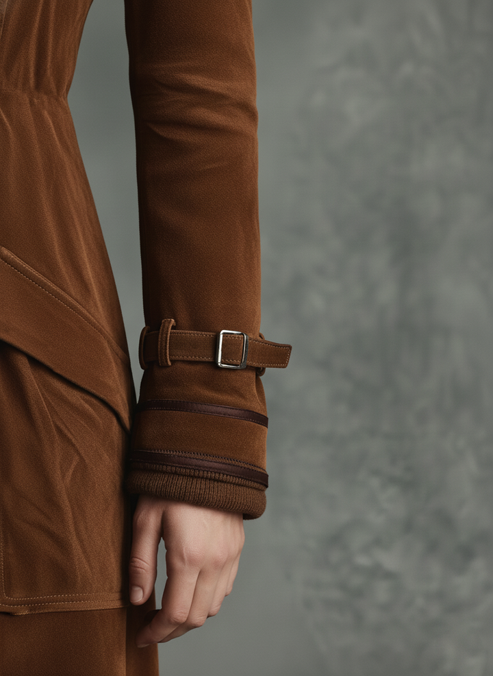 Women's Suede Trim Double-breasted Lapel Long Coat