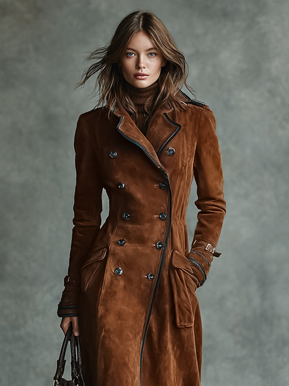 Women's Suede Trim Double-breasted Lapel Long Coat