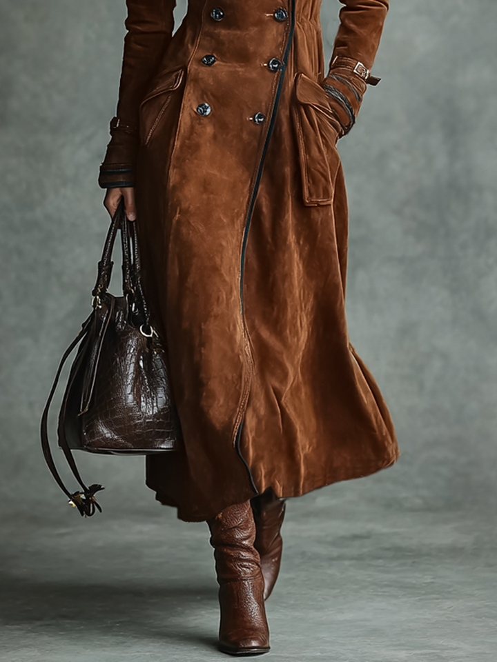 Women's Suede Trim Double-breasted Lapel Long Coat