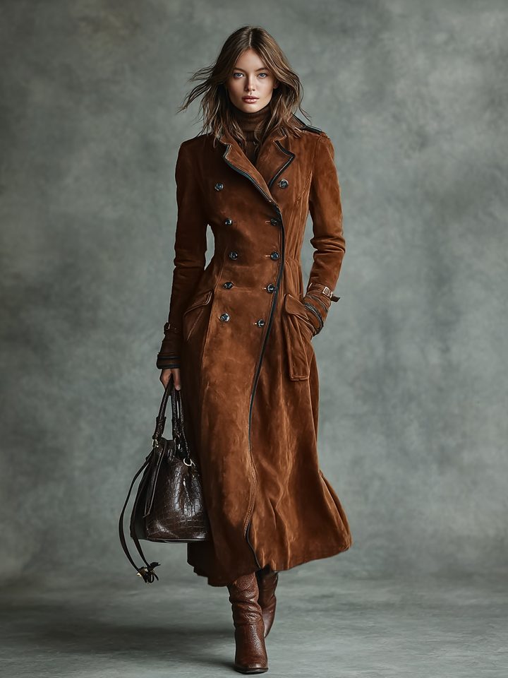 Women's Suede Trim Double-breasted Lapel Long Coat
