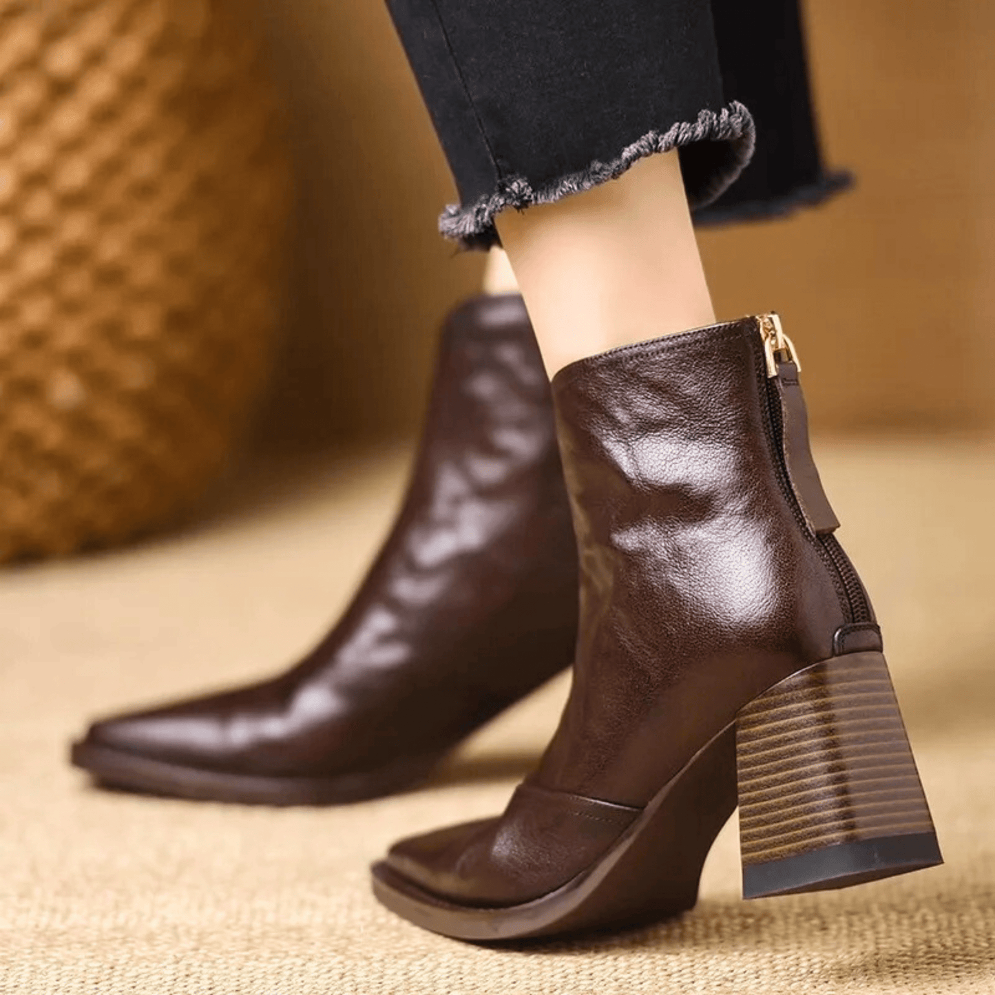 Claudia Luxe Mid-Heel Leather Ankle Boots